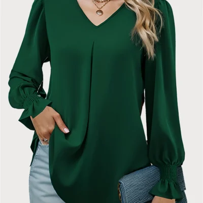 Women's V-Neck Lantern Long Sleeve Pleated Casual Loose Shirt