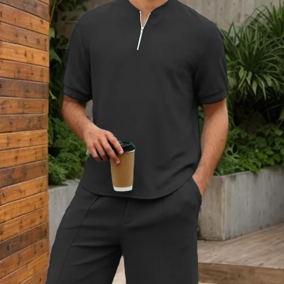 Men's Crew Neck Half-Zip Casual Two-Piece Set, Comfortable and Stylish