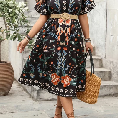 Women Plus Size V-Neck Maxi Dress Elegant Floral Print
