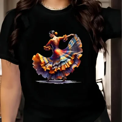 Women's Latin Dancer Print T-Shirt, Casual Knit Fabric Top