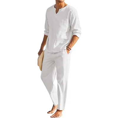 Men s Summer Cotton Linen Long Sleeve Henley Shirt 2 Pc Pants Set