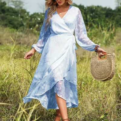 2025 New Summer Simple V-neck Pure Color Belted Ruffled Lantern Sleeve Mid-length Dress