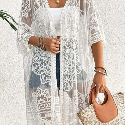Women s Floral Lace Kimono Cardigan, Sheer Mesh Crochet Bikini Cover-Up