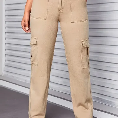 Casual Cargo Jeans Stylish Comfortable Khaki, Women Straight-leg Denim Pants