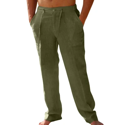 Men's Plus Size Casual Pants Cotton Linen Blended Button Drawstring
